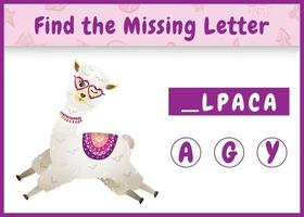 gioco di ortografia educativo per bambini trova la lettera mancante con un simpatico alpaca vettore