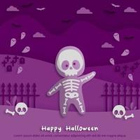 felice festa di halloween in stile art paper con bambino che indossa un costume da fantasma scheletro. biglietto di auguri, poster e carta da parati. illustrazione vettoriale. vettore
