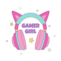 colorato design per gamer ragazza, rosa cuffie con gatto orecchie, stelle e scritta. carino vettore illustrazione nel kawaii stile