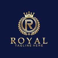r iniziale reale corona logo. reale, re, Regina lusso simbolo. font emblema. vettore