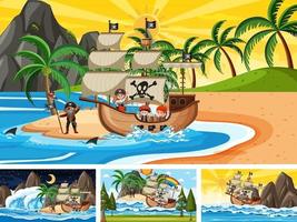 set di diverse scene di spiaggia con nave pirata e personaggio dei cartoni animati pirata vettore