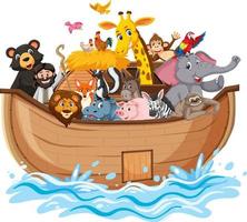Arca di Noè con animali sull'onda di acqua isolata su priorità bassa bianca vettore