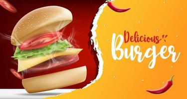 modello di banner di annunci di hamburger o cibo. delizioso hamburger fatto in casa con peperoncino e barbecue, illustrazione vettoriale realistico