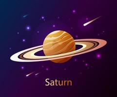 realistico pianeta Saturno nello spazio buio con stelle e comete. pianeta del sistema solare. design della decorazione dello spazio astronomia. il sesto pianeta dal sole. illustrazione vettoriale per design e banner.
