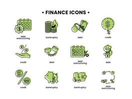 finanza. vettore illustrazione impostato di icone debito, debito ristrutturazione, fallimento, credito.