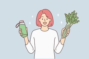 sorridente donna hold fresco verdure e bottiglia di succo. contento ragazza Seguire salutare vita. dieta e nutrizione. vettore illustrazione.