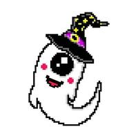 pixel arte carino portafortuna fantasma indossare un' strega cappello kawaii vettore