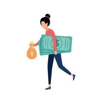 vettore illustrazione di un' donna con un' i soldi Borsa e dollaro fatture nel sua mani