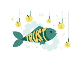 finanza. fiducia, fiduciario Servizi. pesce con il parola fiducia vicino dollaro monete su ganci. vettore illustrazione