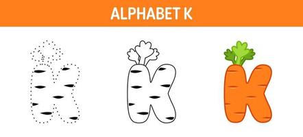 alfabeto K tracciato e colorazione foglio di lavoro per bambini vettore