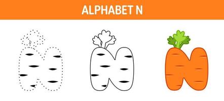 alfabeto n tracciato e colorazione foglio di lavoro per bambini vettore