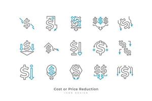 costo o prezzo riduzione icona impostato con semplice linea stile. attività commerciale e finanziario illustrazione. ridotto finanza. diminuire simbolo vettore