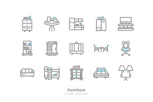 impostato di mobilia icone con semplice linea stile. casa interno elementi, contenente cucina, libreria, letto, lampada, frigorifero, e Di Più vettore