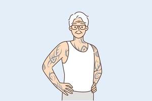 ottimista anziano uomo con tatuaggi su braccia e corpo sta con mani su cintura orgoglioso bene Salute nel vecchio età. dai capelli grigi anziano umano con tatuaggi ripieno nel gioventù sembra a schermo in posa nel maglietta vettore