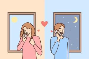 uomo e donna nel amore siamo flirtare su Telefono nel diverso paesi durante attività commerciale viaggio. tipo e ragazza flirtare di scambiare romantico promesse nel telefono conversazione vettore