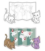 adorabili gatti con una mappa del mondo pagina da colorare di cartoni animati per bambini vettore