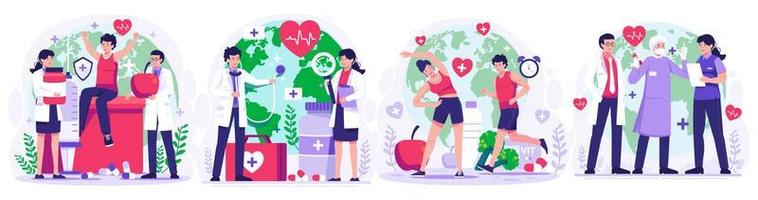 illustrazione impostato di mondo Salute giorno concetto con gruppo di personale medico medici e infermieri, persone vivente salutare attività, persona jogging, Ciclismo, yoga. vettore illustrazione