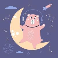 carino divertente orso astronauta su Luna, su blu sfondo con stelle, pianeti e meteorite. vettore illustrazione per bambino collezione, disegno, arredamento, carte e Stampa.