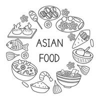 asiatico cibo scarabocchio impostare. asiatico cucina nel schizzo stile. mano disegnato vettore illustrazione isolato su bianca sfondo
