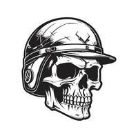 cranio con militare casco, logo concetto nero e bianca colore, mano disegnato illustrazione vettore