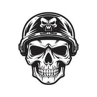 cranio con militare casco, logo concetto nero e bianca colore, mano disegnato illustrazione vettore
