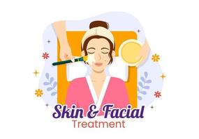 facciale e pelle trattamento illustrazione con donne pelle cura, anti età procedura, massaggio o terme benessere nel piatto cartone animato mano disegnato modelli vettore