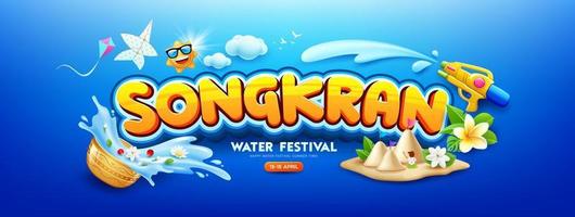 Songkran Festival Messaggio, divertimento acqua pistola e fiori nel un' acqua ciotola schizzi, sole, nube, aquiloni, sabbia pagoda, banner design su blu sfondo, eps 10 vettore illustrazione