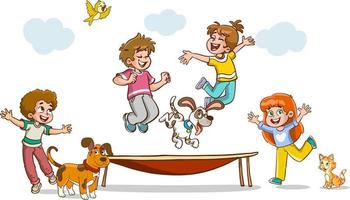 bambini salto su trampolino cartone animato vettore