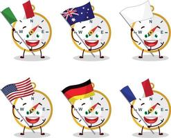 bussola cartone animato personaggio portare il bandiere di vario paesi vettore