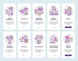 piattaforma di incontri online onboarding schermata della pagina dell'app mobile con concetti. vettore