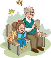 bambini lettura un' libro seduta su il panchina con il suo nonno vettore