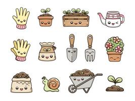 kawaii giardinaggio clipart impostare. contento in vaso impianti, giardino elementi e piantare Strumenti. carino primavera estate digitale adesivi cartone animato illustrazione. vettore