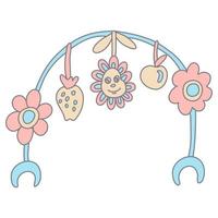 infantile arco con sospeso giocattoli per bambino sedile, bilanciere e culle nel colore scarabocchio stile. piatto stile con schema. mano disegnato vettore illustrazione isolato su bianca. pastello colori, rosa, blu, beige.