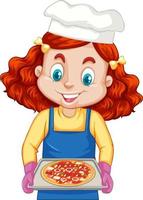 chef ragazza personaggio dei cartoni animati tenendo il vassoio della pizza vettore