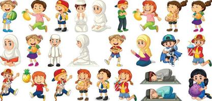 bambini che fanno diverse attività personaggio dei cartoni animati impostato su sfondo bianco vettore