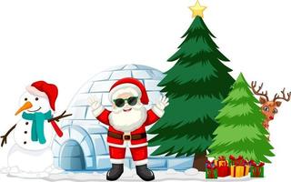 Babbo Natale con tanti doni e igloo su sfondo bianco vettore