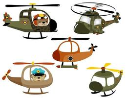 vettore impostato di elicottero cartone animato con divertente animali pilota