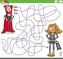 gioco del labirinto educativo con i bambini dei cartoni animati alla festa in costume vettore