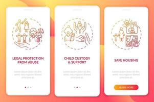 i sopravvissuti alla violenza domestica supportano l'onboarding della schermata della pagina dell'app mobile con concetti vettore