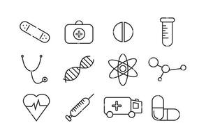 medicina icone impostare. elementi nel il impostato tavoletta, dna, siringa, capsula, cuore, medico valigia, stetoscopio, ambulanza, ambulanza, test tubo. vettore