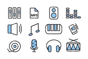 un' impostato di musica icone. elementi nel il impostato volume, mp3 formato, altoparlante, suono, Nota, sintetizzatore, chiamata su il Telefono, giocatore, microfono, cuffia, tamburo vettore