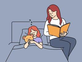 amorevole giovane madre sedersi nel letto lettura libro per assonnato figlia. cura mamma rendere poco ragazza bambino per dormire con fiaba. maternità. vettore illustrazione.