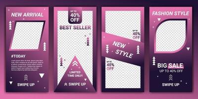 set 4 di social media ig stories vendita banner sfondo, app mobile, flyer, coupon, carta regalo, storia del modello di smartphone. design modello moderno astratto con sfumatura di colore rosa, viola e blu scuro. vettore