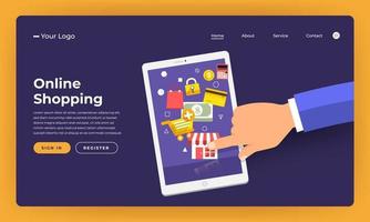 mock-up design sito web design piatto concetto di shopping online. illustrazione vettoriale. vettore
