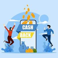 in linea i soldi indietro concetto o i soldi indietro concetto. contento persone ricevere cashback per acquisti. grande Telefono con cashback inizio pulsante. Salva i soldi, ottenere buoni e sconti, ricompense programma vettore