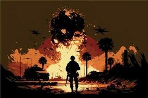 silhouette di soldato su campo di battaglia. warzone. militare uomo su desolato la zona. vettore illustrazione