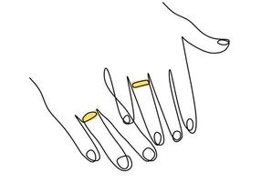 un disegno a tratteggio continuo di mani maschili e femminili che mostrano anelli di fidanzamento. felice giovane coppia amore simbolo del matrimonio. anello scambio disegnato a mano foto silhouette. illustrazione vettoriale