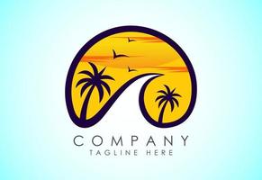 spiaggia logo design. sole tramonto Alba con spiaggia oceano mare acqua logo icona. vettore