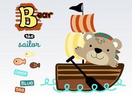 vettore cartone animato di divertente orso su barca a vela, con colorato Pesci
