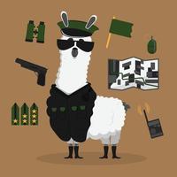 carino custode lama cartone animato alpaca militare portafortuna animale mano disegnato vettore